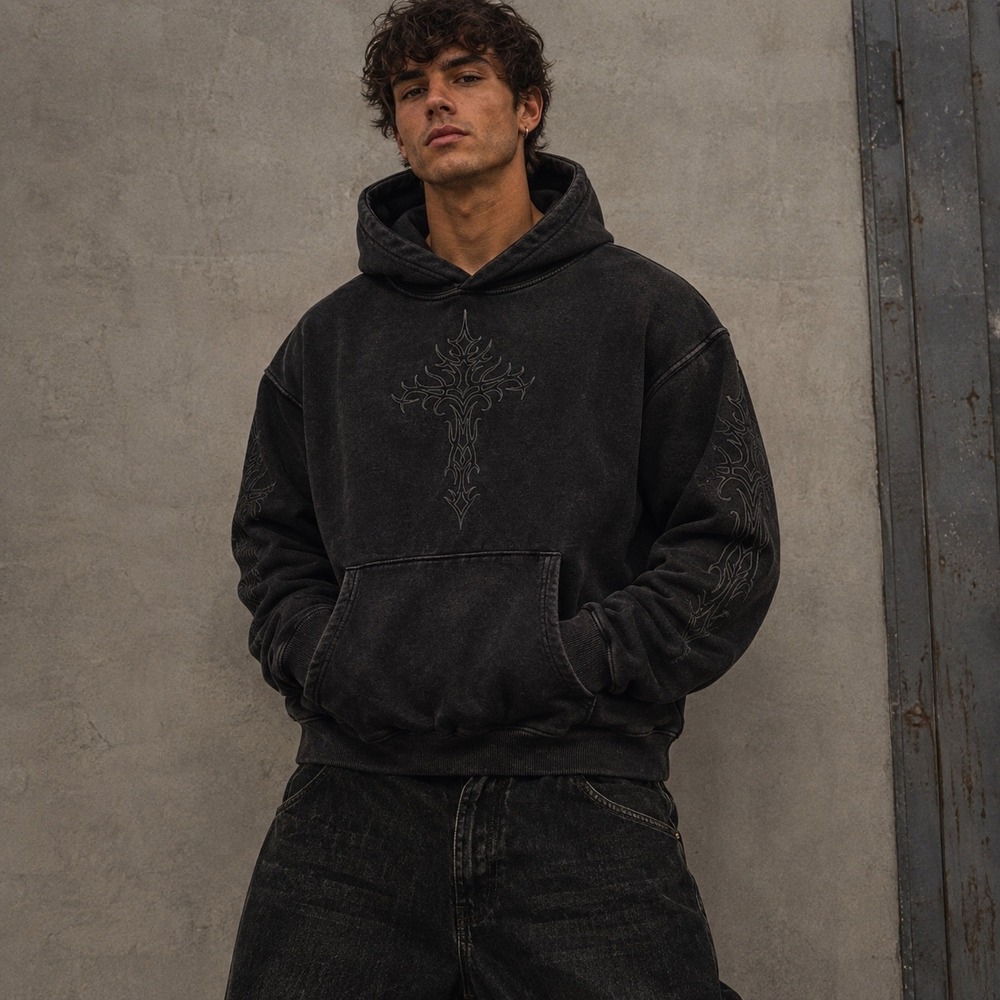 Urban Nation XS Washed Black Tribal Cross Hoodie Y2K Gothic Grunge